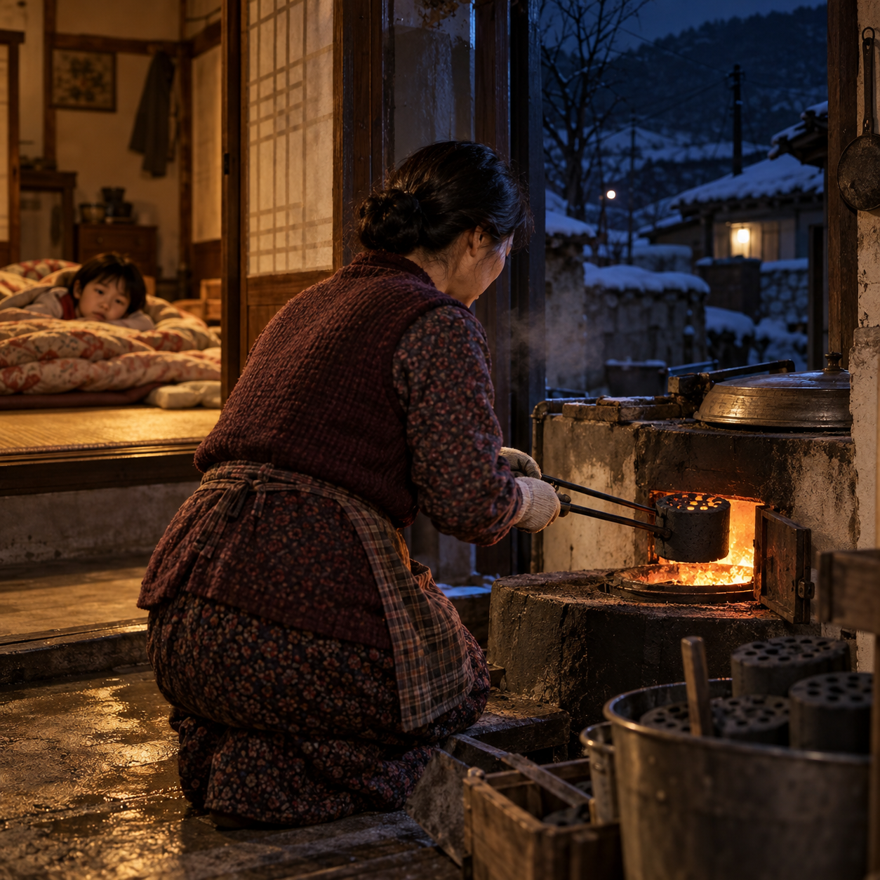 겨울밤 어머니가 연탄집게로 연탄을 갈고, 아이가 방에서 바라보는 장면